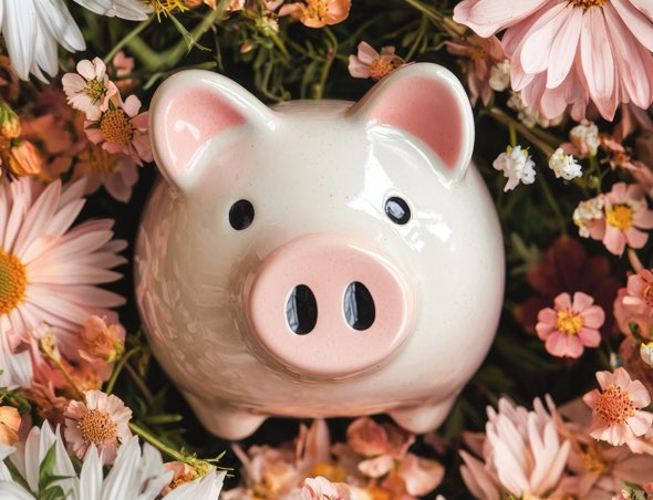 Piggy bank situated on flower bed