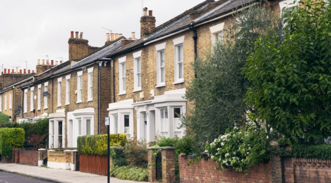 Semi-detached houses along a high street
